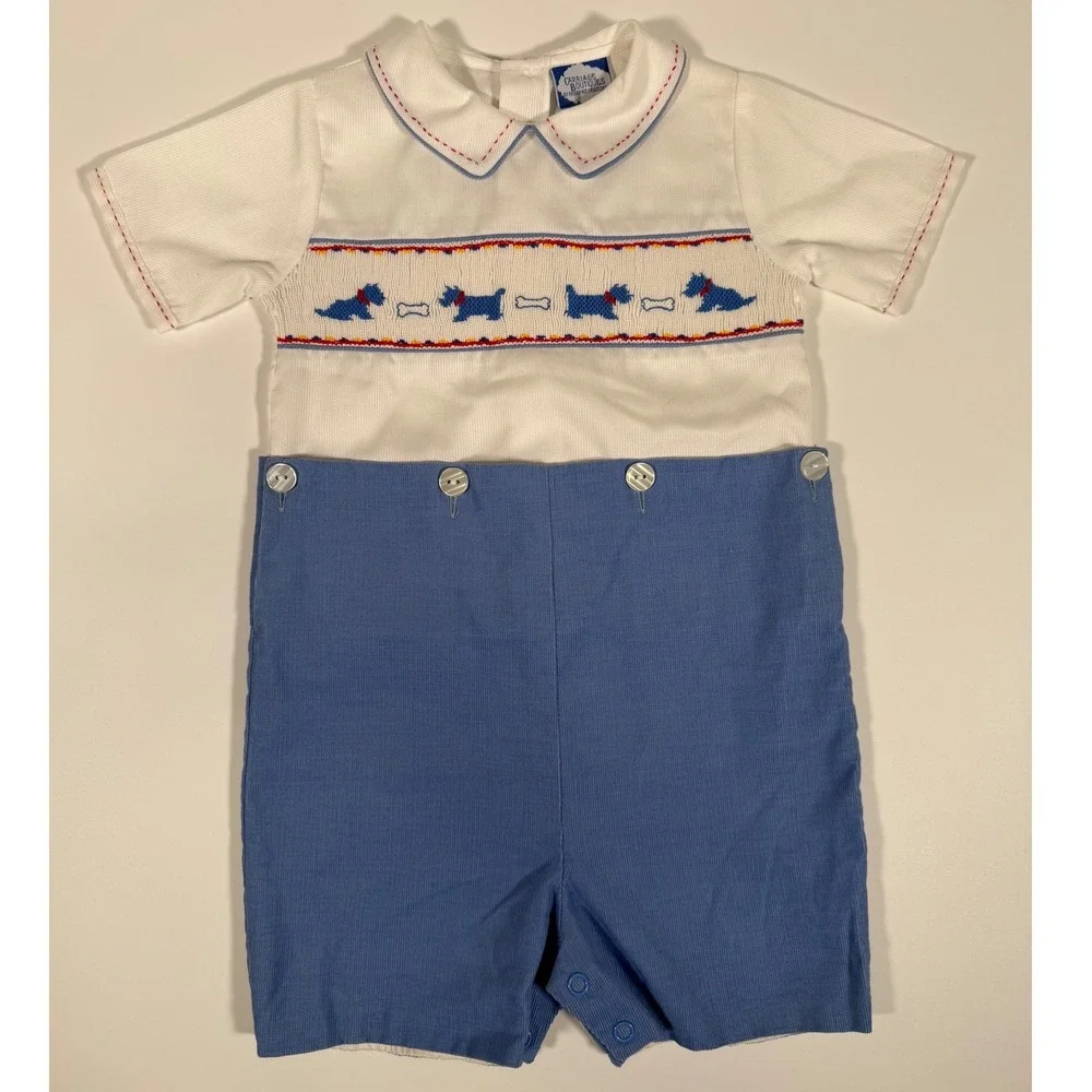 Carriage Boutiques Boys Smocked Bobby Suit Blue White Dog 24M Old Money Vintage